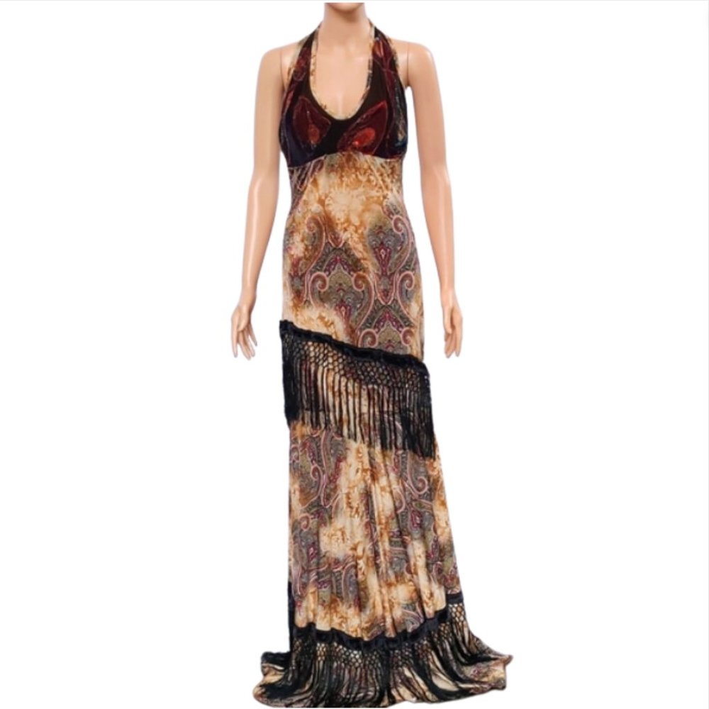 Custom Roaring 20s gown in brown paisley velvet with black fringe Size M #H-0238